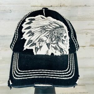 Indian Chief KB Ethos Hat Cap Black Skull Curve Bill Slide Adjustable Cotton
